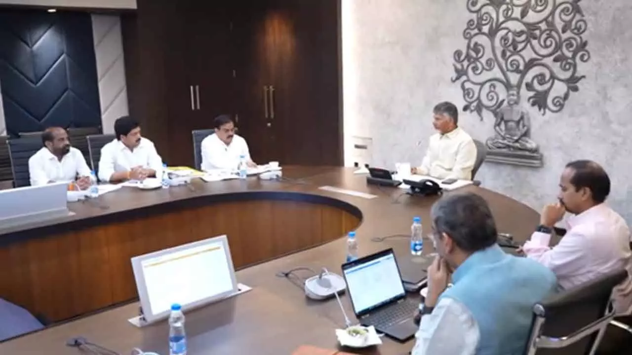 Chief Minister N Chandrababu Naidu with the members of the cabinet subcommittee on the excise policy at the Secretariat on Tuesday