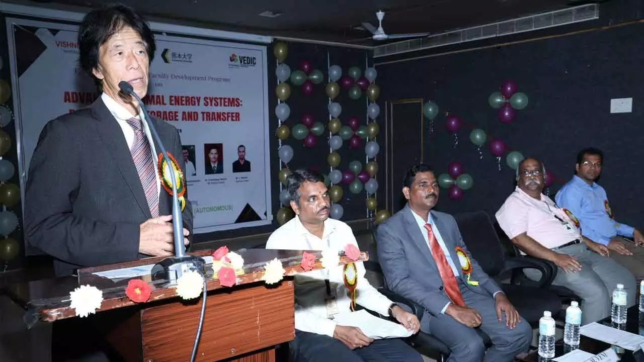 Prof Shuichi Torri of Kumamoto University from Japan addressing the faculty development programme at Vishnu Institute of Technology in Bhimavaram on Tuesday