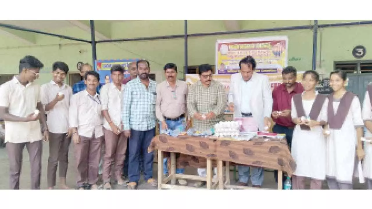 As part of nutrition week Anantapur Education and Rural Development Society is distributing eggs to the students of Government Town Model Junior College in Kurnool town on Tuesday.