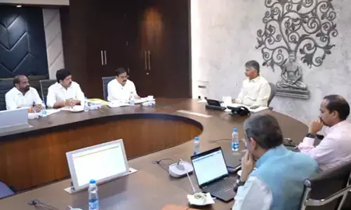 Chief Minister N Chandrababu Naidu with the members of the cabinet subcommittee on the excise policy at the Secretariat on Tuesday