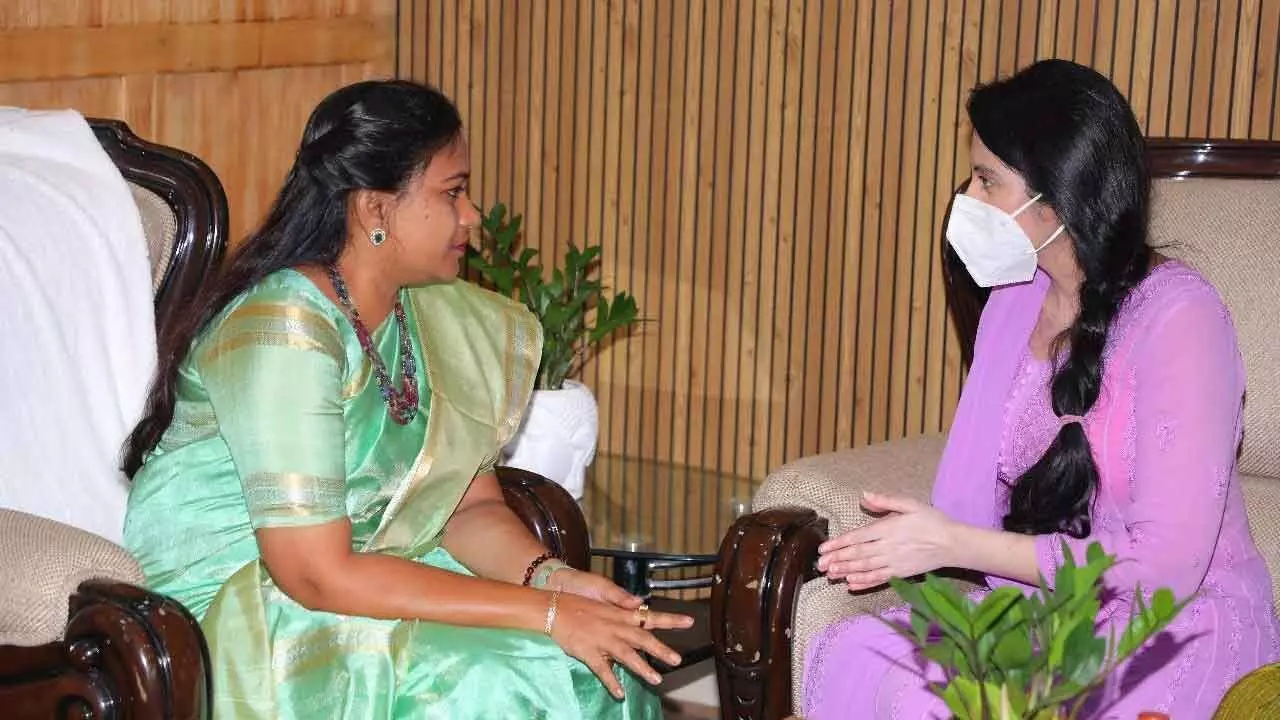 Model and Bollywood actress Kadambari Jethwani meets home minister Vangalapudi Anitha at the Secretariat on Thursday