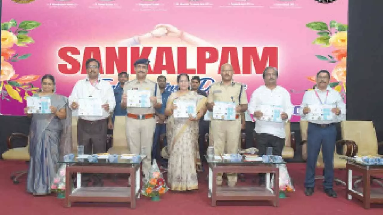 DIG Gopinath, SP Vakul Jindal,  MLA L Madhavi and others releasing a brochure on Sankalpam programme at Miracle Engineering College of Bhogapuram on Thursday