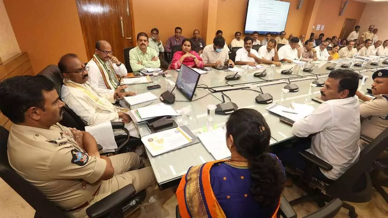 TTD EO J Syamala Rao at a review meeting at TTD Administrative Building in Tirumala on Thursday.  Additional EO Ch Venkaiah Chowdhary, SP Subbarayudu, TMC Commissioner Moury and others are also seen.