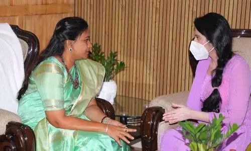 Model and Bollywood actress Kadambari Jethwani meets home minister Vangalapudi Anitha at the Secretariat on Thursday