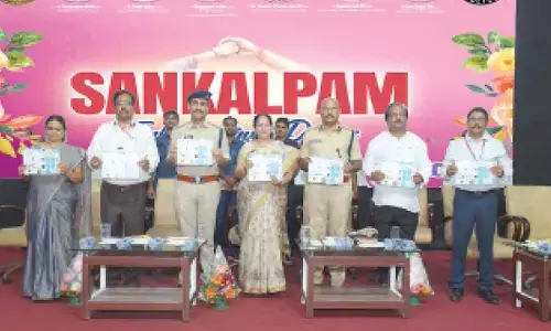 DIG Gopinath, SP Vakul Jindal,  MLA L Madhavi and others releasing a brochure on Sankalpam programme at Miracle Engineering College of Bhogapuram on Thursday