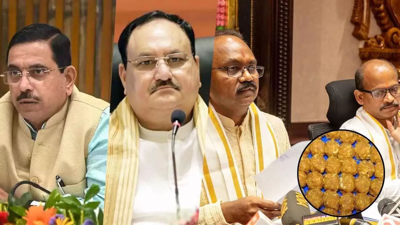 Union Minister Prahlad Joshi wants harshest punishment against the guilty; Union Minister of Health JP Nadda seeks detailed report; TTD EO J Syamala Rao speaking to media at Tirumala on Friday. Additional EO Ch Venkaiah Chowdary is also seen