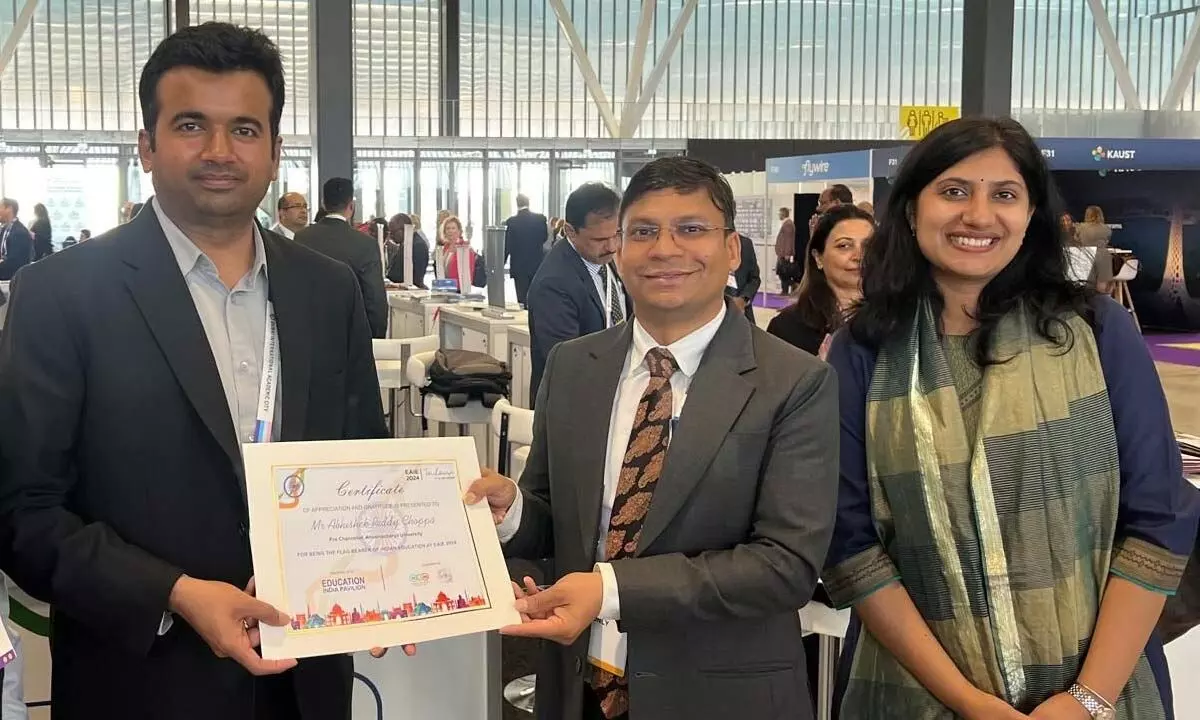 Annamacharya University Pro-Chancellor Abhishek Reddy receiving the certificate of appreciation at a education conference held in Toulouse in France on Thursday