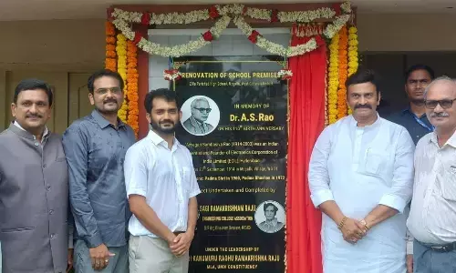 Undi MLA Kanumuri Raghu Ramakrishnam Raju at the renovation of the Zilla Parishad High School at Mogallu in memory of ECIL founder A S Rao at Mogallu village on Friday