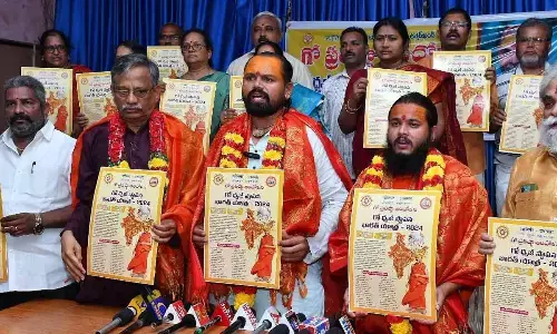 Gau Dhwaj Establishment Bharat Yatra committee members releasing a brochure during a press conference at the Press Club in Vijayawada on Friday Photo: Ch Venkata Mastan