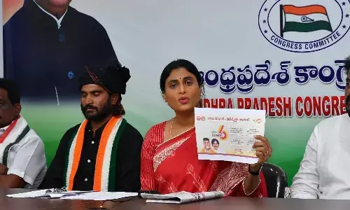 APCC president Y S Sharmila and party leaders addressing a press conference at Andhra Ratna Bhavan in Vijayawada on Friday Photo Ch Venkata Mastan