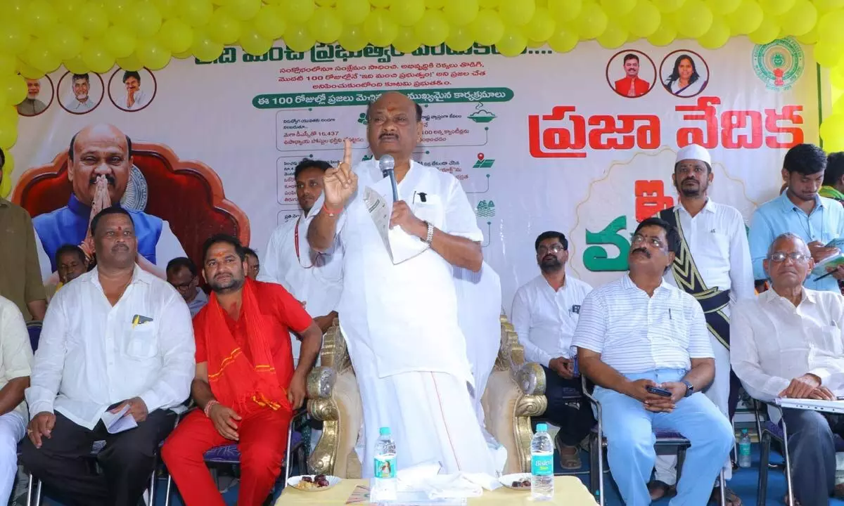 Assembly Speaker addressing the gathering at Nathavaram mandal, Anakapalli district on Sunday