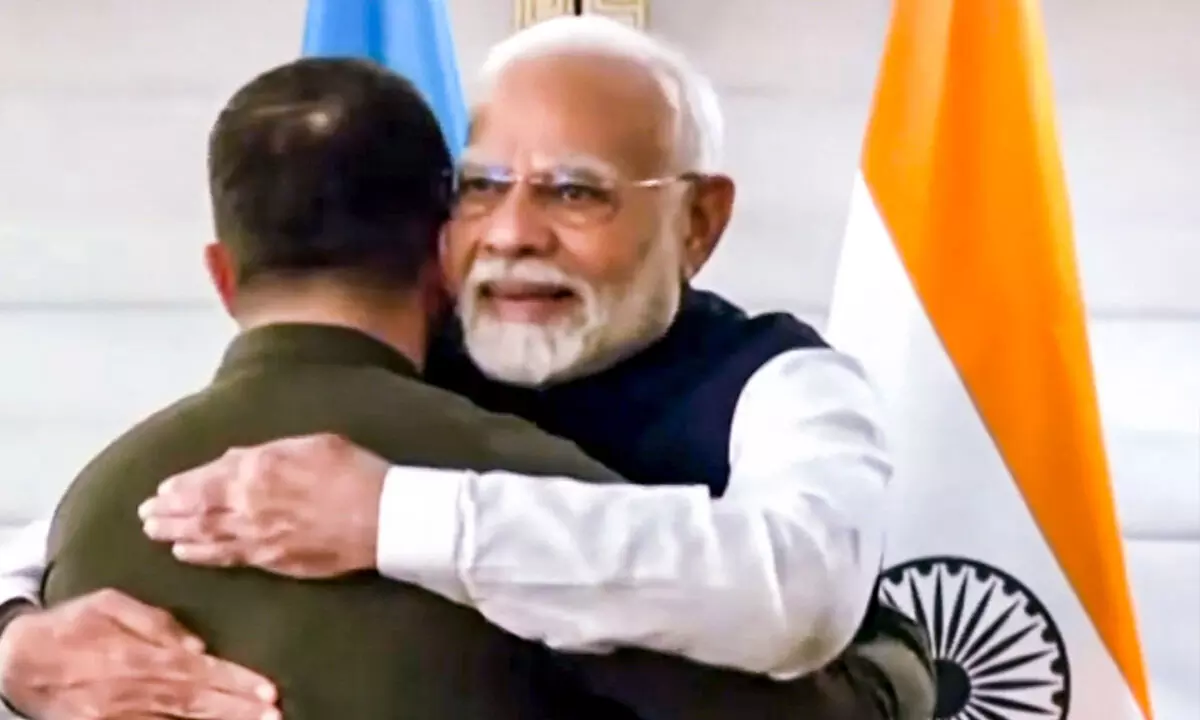 Prime Minister Narendra Modi with President Volodymyr Zelenskyy of Ukraine during a meeting, in New York on Monday