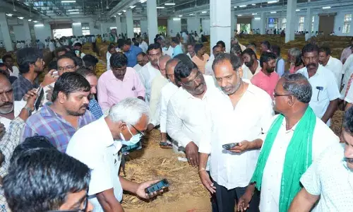 Energy minister Gottipati Ravi Kumar observing auction of tobacco at Acution Centre in Vellampalli on Tuesday