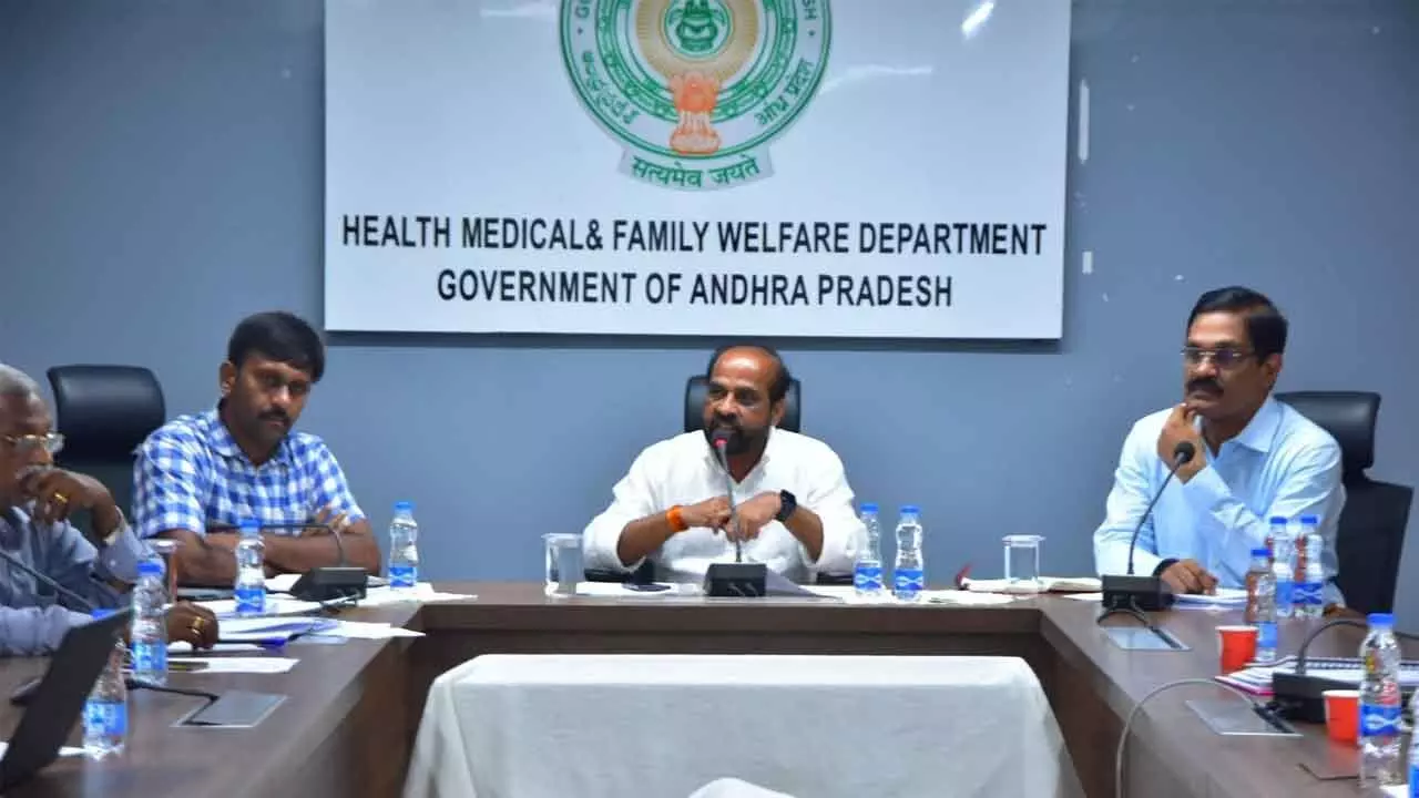 Minister for medical, health and family welfare Y Satya Kumar Yadav addressing a meeting held with PHC Doctors’ Association at APIIC Towers in Mangalagiri on Thursday