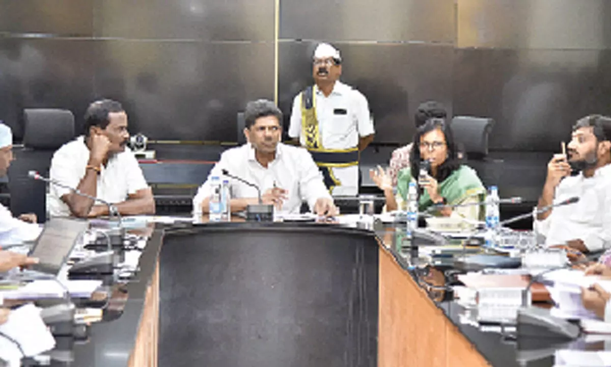 Union Minister of State for Rural Development and Communications Dr Pemmasani Chandrasekhar at the GGH Development Committee meeting held at the Collectorate in Guntur city on Friday. District Collector S Nagalakshmi is also seen.