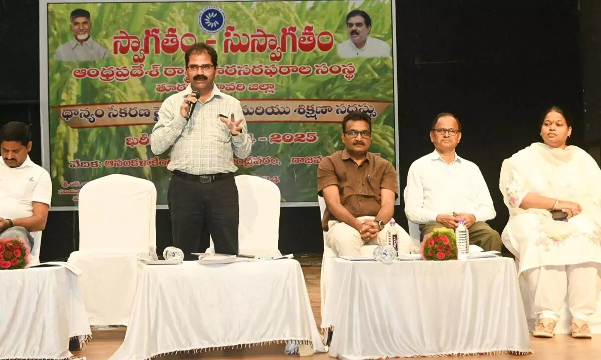 Joint Collector S Chinna Ramudu speaking at a training session on paddy procurement procedure in Rajamahendravaram on Friday