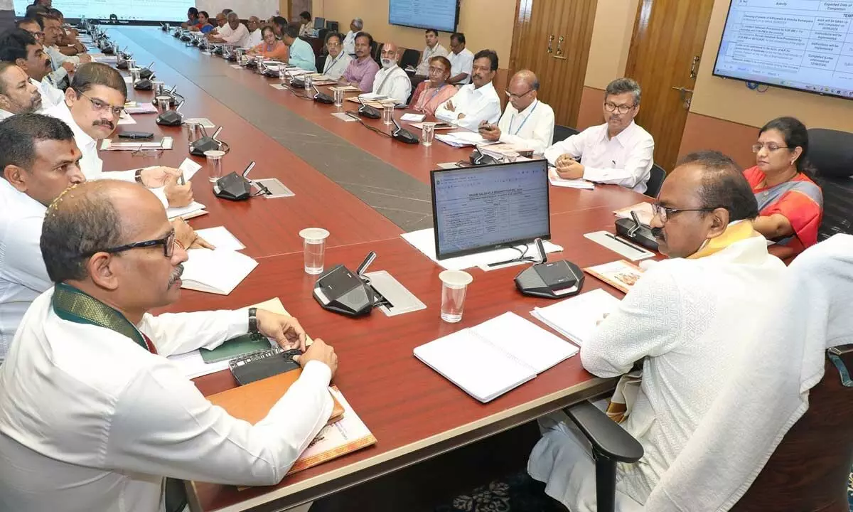 TTD EO J Syamala Rao along with additional EO Ch Venkaiah Chowdary reviews Brahmotsavam arrangements with officials of various departments at Tirumala on Friday