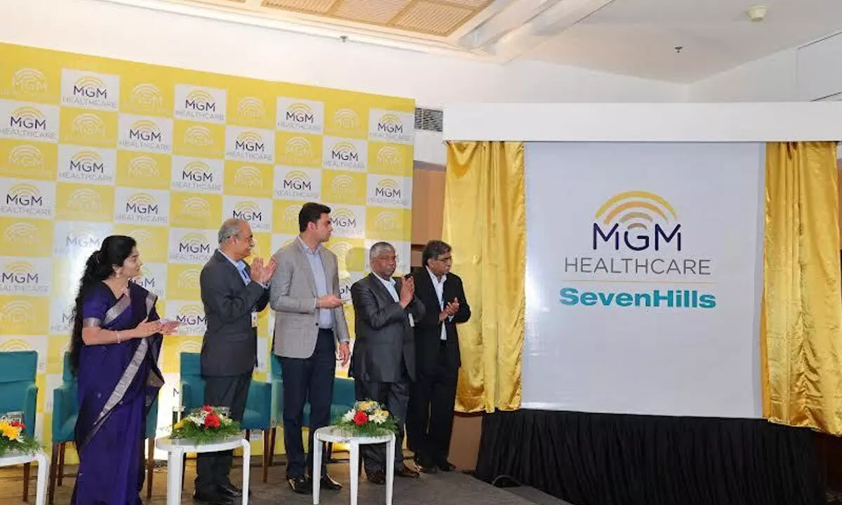 MGM Hospital officials launching the rebranded logo at the media conference held in Visakhapatnam on Friday