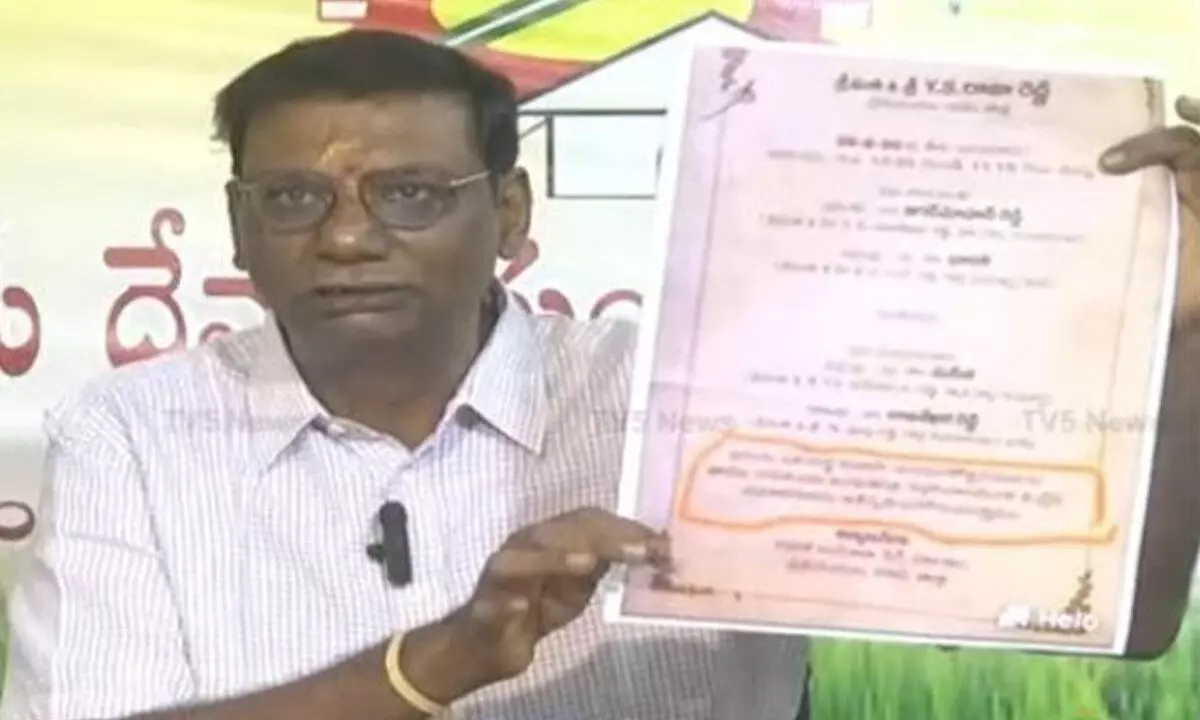 TDP State spokesman Anam Venkataramana Reddy showing the wedding invitation card of former CM YS Jagan Mohan Reddy to reporters during press conference at TDP district office in Nellore on Friday