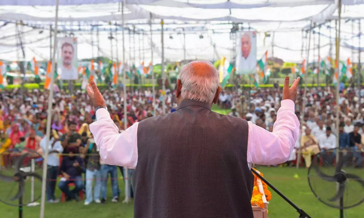 Congress President Mallikarjun Kharge speaks during a public meeting for J&K Assembly elections, at Jasrota, in Kathua district, Jammu & Kashmir on Sunday