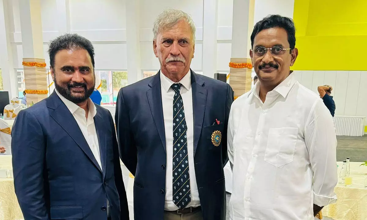 ACA president K Sivanath and secretary S Sathish Babu with BCCI president Roger Binny in Bengaluru on Sunday