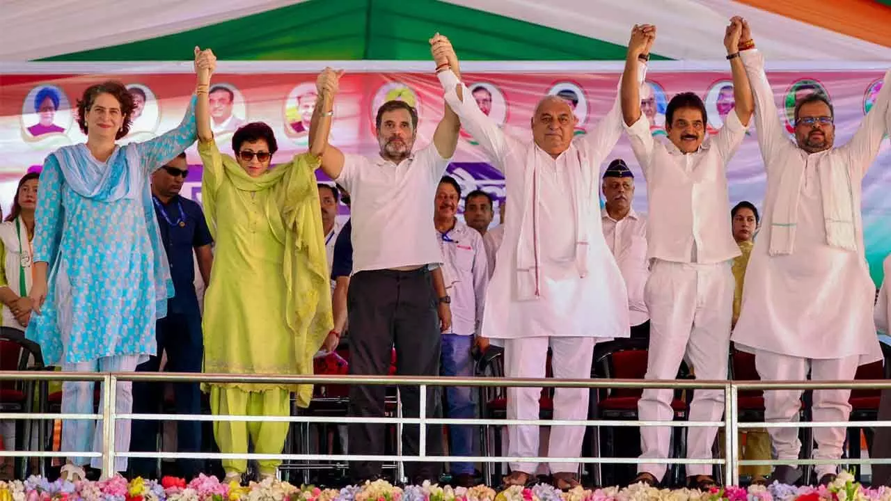 Leader of Oppostion in Lok Sabha and Congress leader Rahul Gandhi with party leaders Priyanka Gandhi, KC Venugopal, Bhupinder Singh Hooda and Kumari Selja during a public  meeting for Haryana Assembly elections, in Ambala