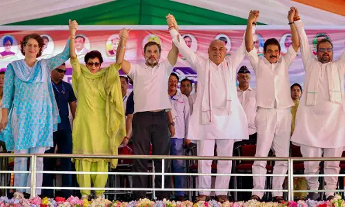 Leader of Oppostion in Lok Sabha and Congress leader Rahul Gandhi with party leaders Priyanka Gandhi, KC Venugopal, Bhupinder Singh Hooda and Kumari Selja during a public  meeting for Haryana Assembly elections, in Ambala