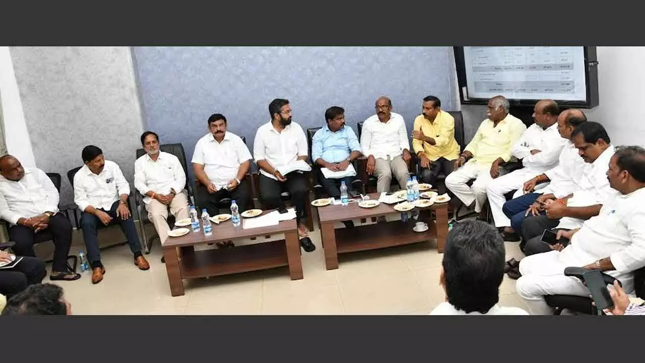 Visakhapatnam MP M Sribharattalking to MLAs in Visakhapatnam on Tuesday