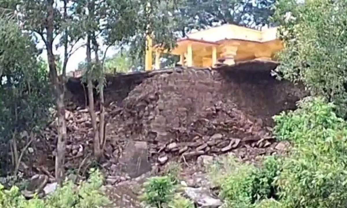 The damaged part of Mothe Gadda Sri Veerabhadraswamy temple situated on an island in river Godavari in Kothagudem district