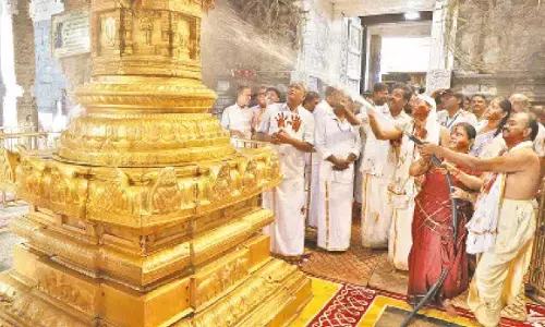 TTD EO J Syamala Rao, Addl EO Ch Venkaiah Chowdary and other officials take part in Koil Alwar Tirumanjanam ritual at Sri Venkateswara temple ahead of annual Brahmotsavam in Tirumala on Tuesday