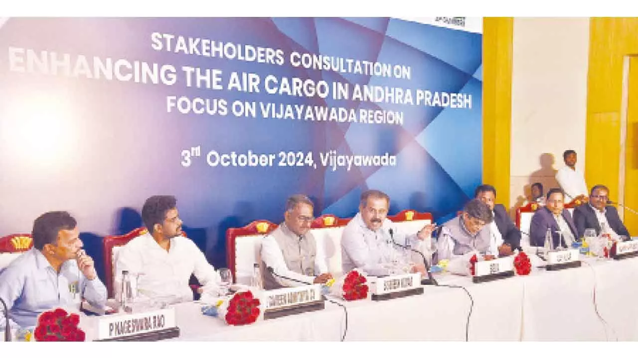 Senior officials S Suresh, Babu A, Praveen Adhithya and others addressing the meeting on enhancing air cargo in Andhra Pradesh in Vijayawada on Thursday