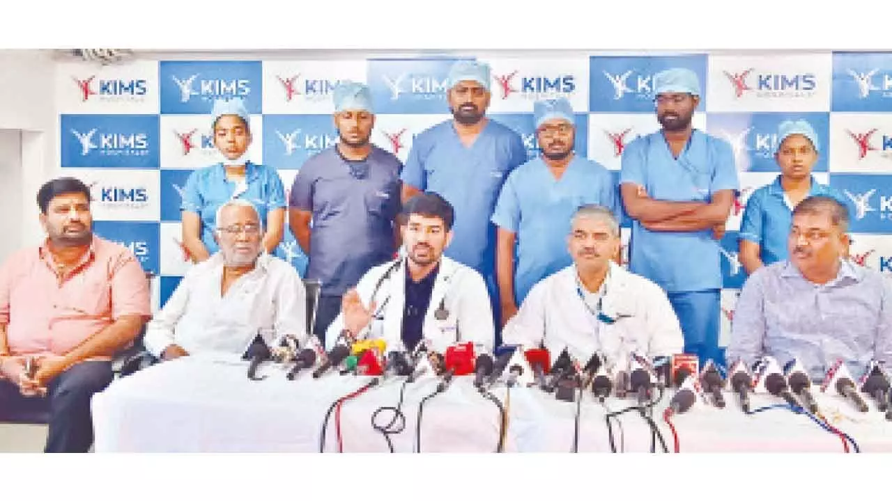 Consultant cardiologist Dr Kapil Karthikeya Reddy explaining about TAVI procedure in a press meet at KIMS Ongole on Thursday