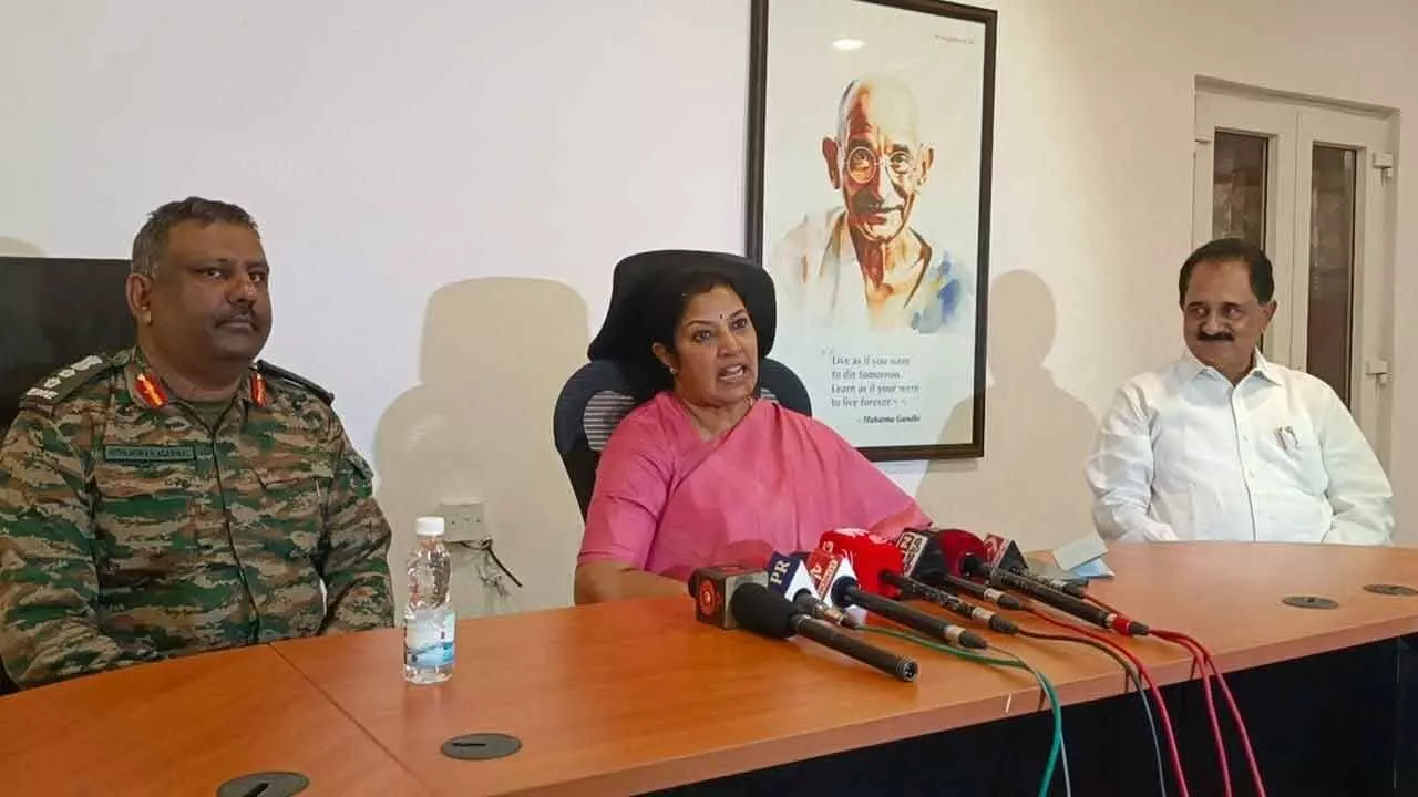 BJP state president and MP Daggubati Purandeswari speaking at a media conference during the NCC special national integration camp on GIET campus in Rajanagaram on Thursday