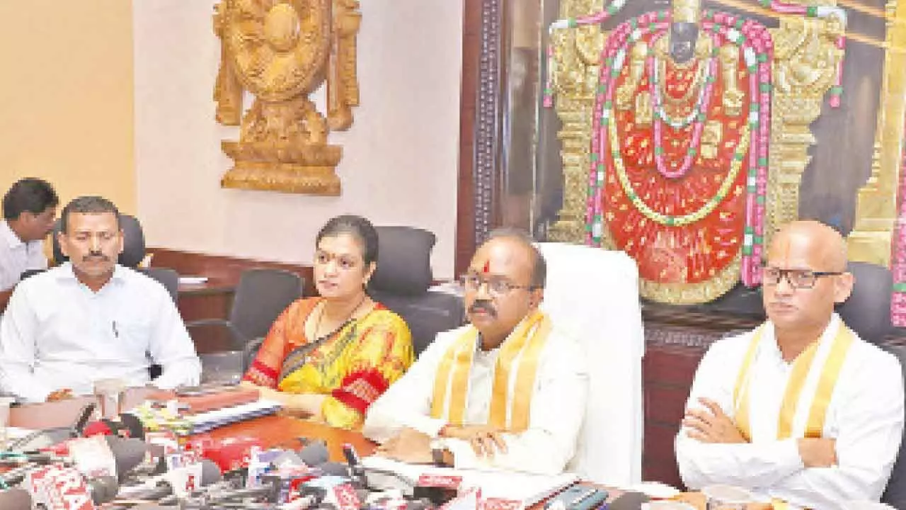 TTD EO J Syamala Rao along with additional EO Ch Venkaiah Chowdary and other officials speaking on the arrangements for Brahmotsavam in Tirumala on Thursday