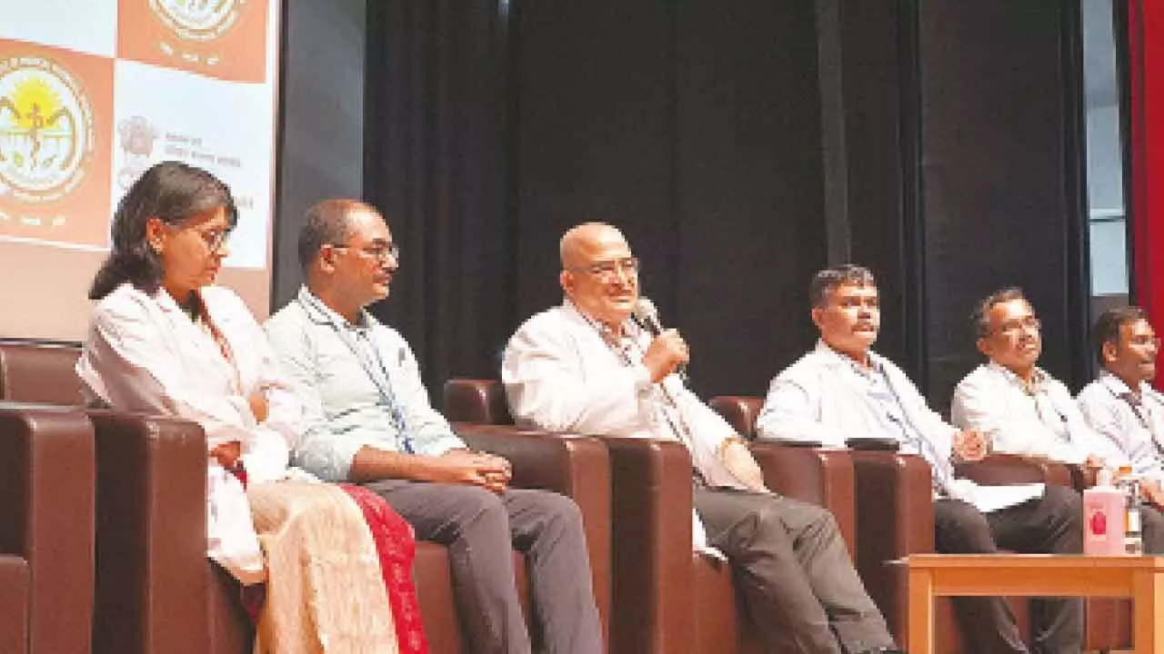 Dr Madhabananda Kar, director and CEO of AIIMS, addressing the media in Mangalagiri on Thursday