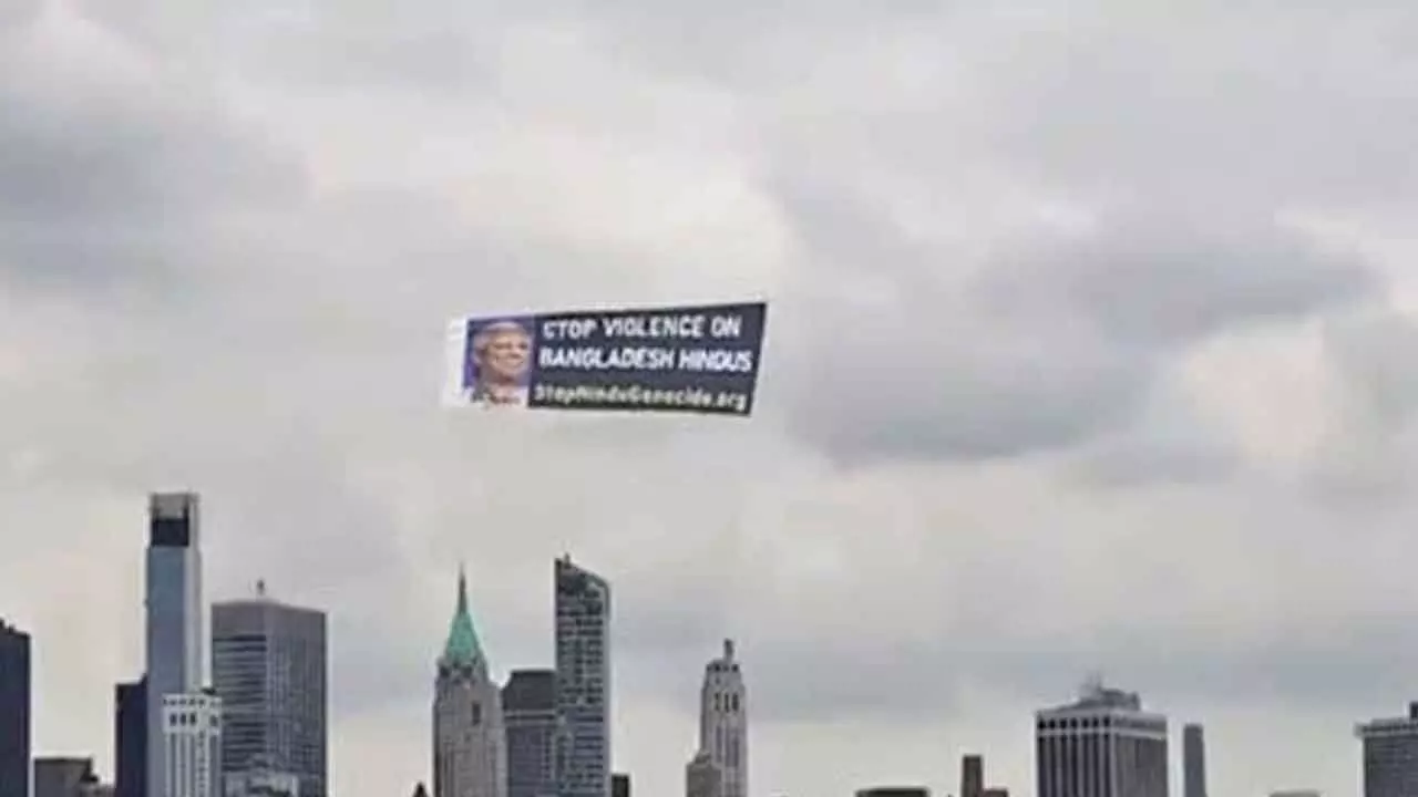 Banner over New York City, Statue of Liberty calls for end to genocide of Hindus in Bangladesh