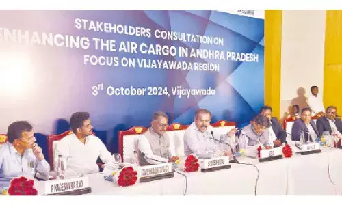 Senior officials S Suresh, Babu A, Praveen Adhithya and others addressing the meeting on enhancing air cargo in Andhra Pradesh in Vijayawada on Thursday
