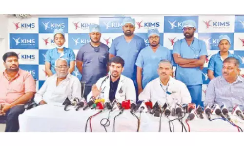 Consultant cardiologist Dr Kapil Karthikeya Reddy explaining about TAVI procedure in a press meet at KIMS Ongole on Thursday