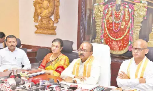TTD EO J Syamala Rao along with additional EO Ch Venkaiah Chowdary and other officials speaking on the arrangements for Brahmotsavam in Tirumala on Thursday