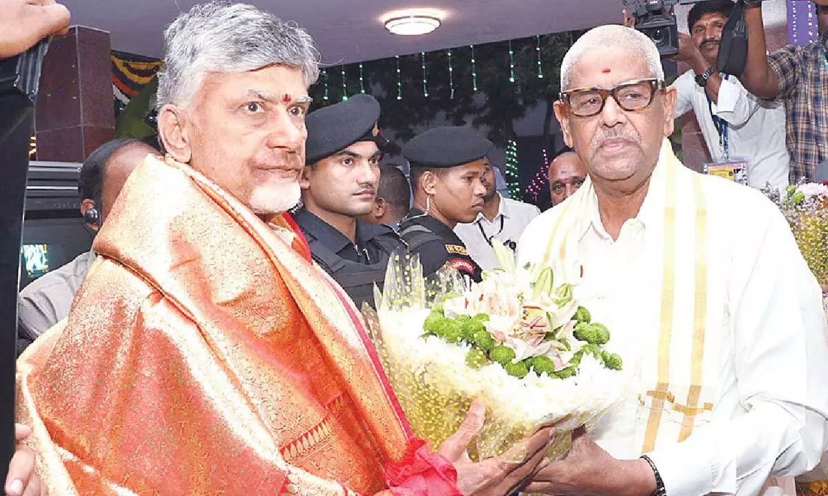 Endowments Minister Anam Ramanarayana Reddy welcoming CM N Chandrababu Naidu in Tirumala on Friday evening