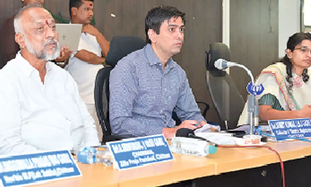 Chittoor district Collector Sumit Kumar, ZP Chairman Govindappa Srinivasulu and JC G Vidyadhari at a meeting on Friday