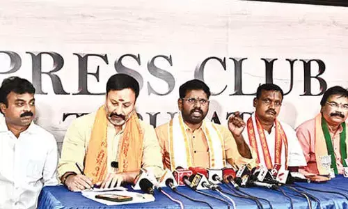 BJP State spokesperson Samanchi Srinivas speaking to the media in Tirupati on Friday