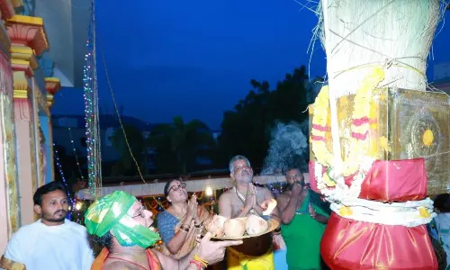 Dwajarohanam at Sri Kalyana Venkateswara Swamy temple in Thummalagunta on Friday