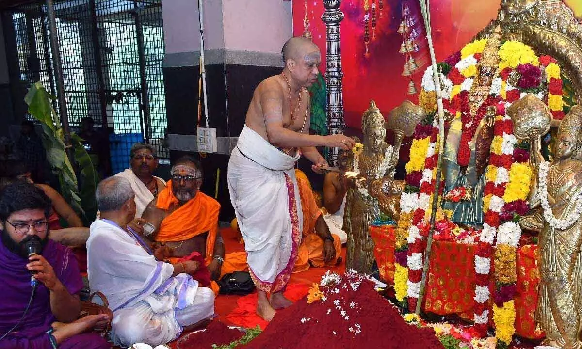 Devotees offering prayers to Goddess Lalitha Tripura Sundari Devi on Indrakeeladri in Vijayawada on Sunday