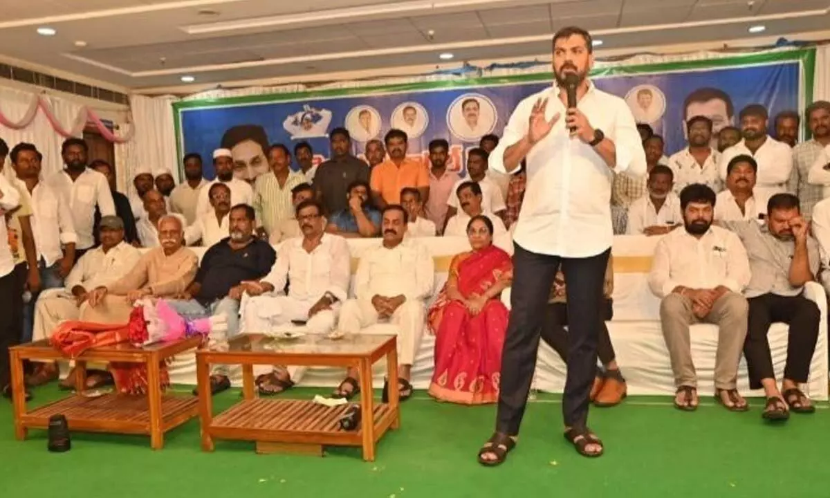 Former Minister P Anil Kumar Yadav speaking at YSRCP Athmeeya Samavesam in Nellore at Jetty Sesha Reddy Kalyanamandapam in Nellore on Sunday