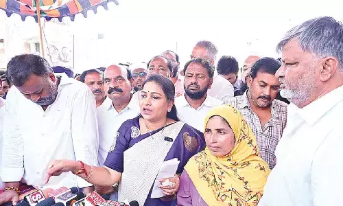 Home Minister V Anitha speaking to the media in Punganur on Sunday. Ministers Farooq and Ramprasada Reddy are also seen.