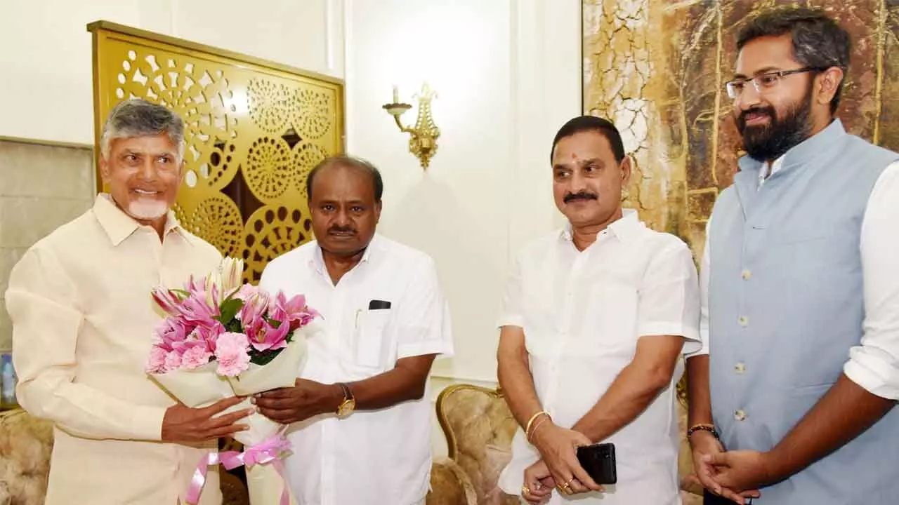 Chief Minister N Chandrababu Naidu along with MPs meets Union Minister of Heavy Industries and Steel H D Kumaraswamy in New Delhi on Tuesday