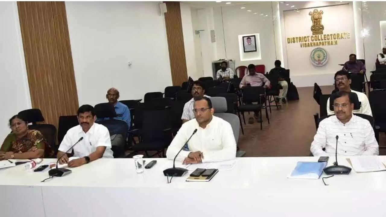 District collector MN Harendhira Prasad speaking during a video conference held with Deputy Chief Minister K Pawan Kalyan in Visakhapatnam on Tuesday