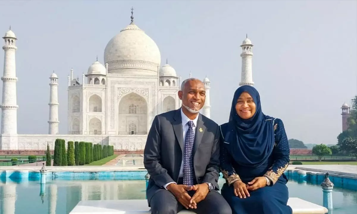 Maldives President Mohamed Muizzu with wife Sajidha Mohamed during a visit to Taj Mahal, in Agra on Tuesday