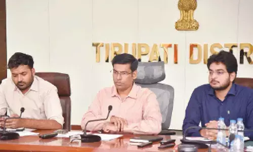 Tirupati District Collector S Venkateswar, Joint Collector Shubham Bansal and Gudur Sub-Collector Raghavendra Meena attending Deputy CM K Pawan Kalyan’s video-conference on Tuesday